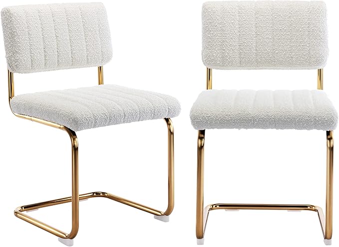 ONEVOG Cozy Boucle Dining Chair Set of 2, Upholstered White Dining Room Chairs with Gold Legs, Famous Cantilevered Design Comfort Dinner Chairs, Sturdy Stainless Chrome Base - LeafyLoom