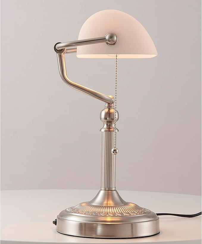 Newrays White Matted Glass Bankers Desk Lamp with Pull Chain Switch Plug in Fixture,Sand Nickel Base - LeafyLoom