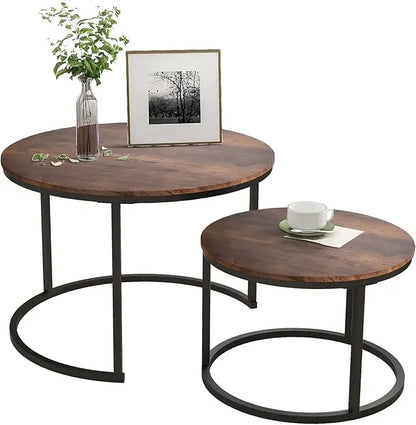 Industrial Round Coffee Table Set of 2 End Table for Living Room,Stacking Side Tables, Sturdy and Easy Assembly,Wood Look Accent Furniture with Metal Frame,Black+Rustic Brown - LeafyLoom