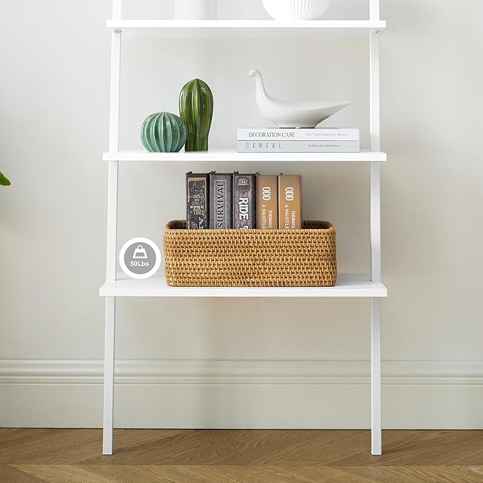 5-Shelf Wood Modern Bookshelf, Open Wall Ladder Bookcase Plant Shelf Vintage Kitchen Shelves Storage, Farmhouse Heavy Duty Display Shelf Wide Modern Open Book Case (White-1) - LeafyLoom