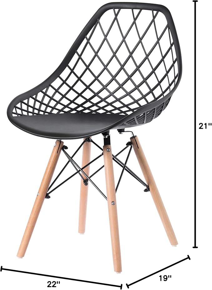 Mid-Century Modern Style Plastic DSW Shell Dining Chair with Lattice Back and Wooden Dowel Eiffel Legs, Black - LeafyLoom