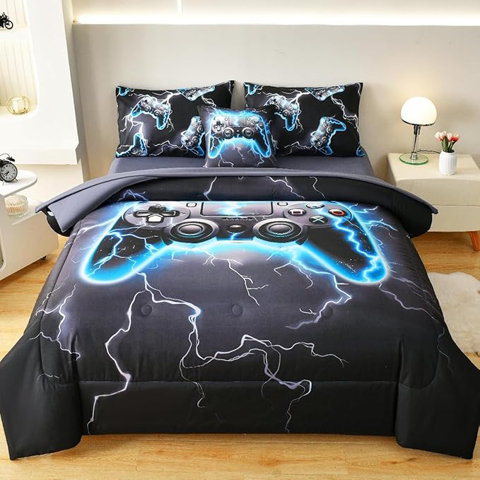 Game Console Twin Comforter Set with Sheets, Microfiber 6 Pcs Bed in A Bag Twin Size Gamer Bedding Set for Boys Kids Teens - LeafyLoom