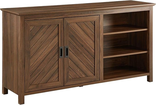 Walker Edison Modern Wood Grooved Buffet Sideboard with Open Storage-Entryway Serving Storage Cabinet Doors-Dining Room Console, 58 Inch, Dark Walnut - LeafyLoom