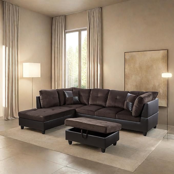 L Shaped Sofa with Ottoman Modern Sectional Living Room, Bedroom, Office, L Couch Leather-Brown - LeafyLoom