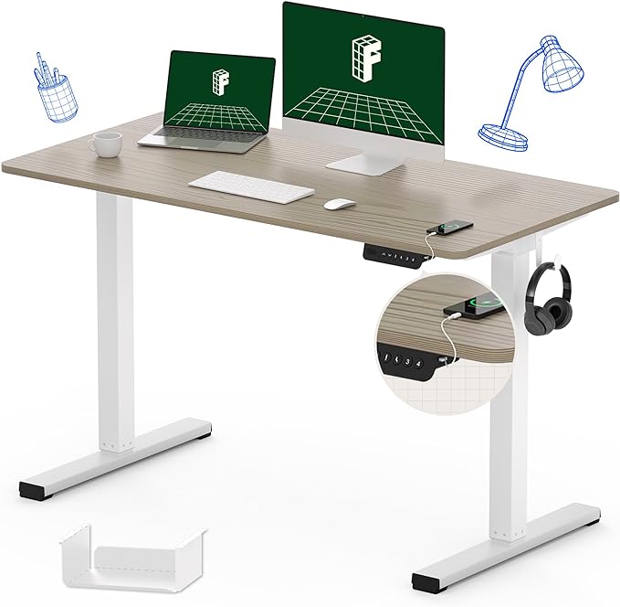 FLEXISPOT Standing Desk Quick Assembly Electric Adjustable with 48 x 24 Inches Whole-Piece Desktop Ergonomic Memory Controller Stand Up Desk(White Frame + 48" Grey Wood Grain) - LeafyLoom