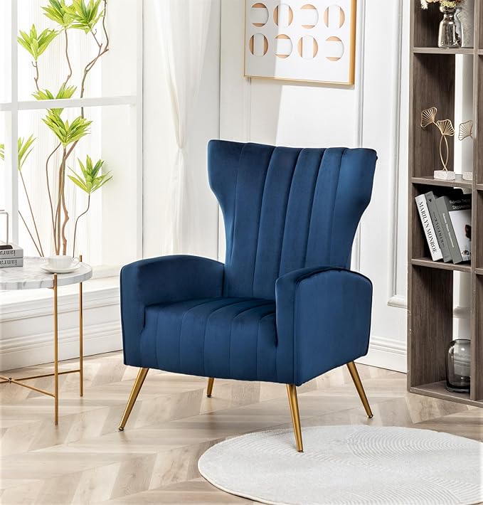 Armchair Modern Velvet Accent Chair, Channel Tufted Bedroom, Office or Living Room Furniture with Elegant Metal Legs, Blue - LeafyLoom