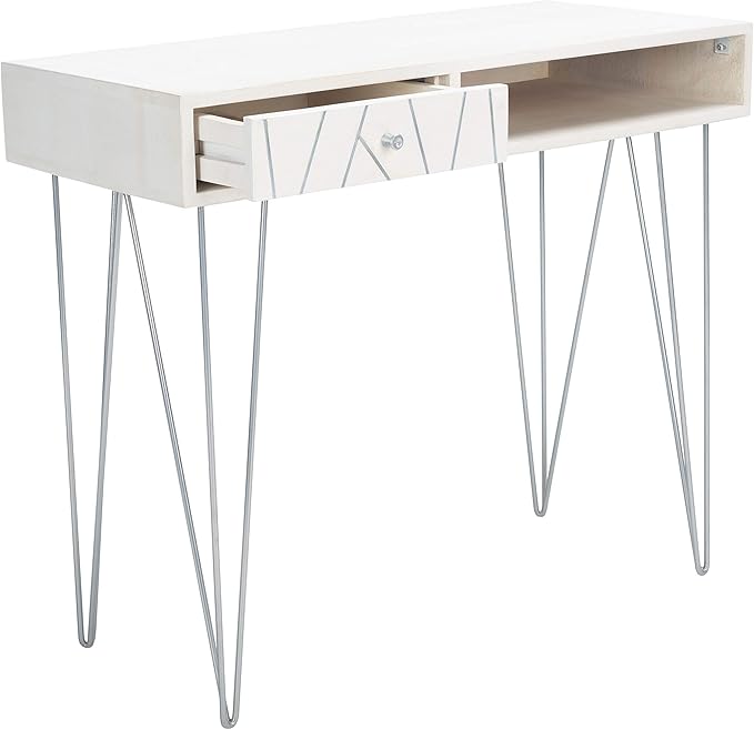 Safavieh Home Office Collection Marigold White Wash and Silver 1-Drawer Hairpin Leg Desk, 0 - LeafyLoom