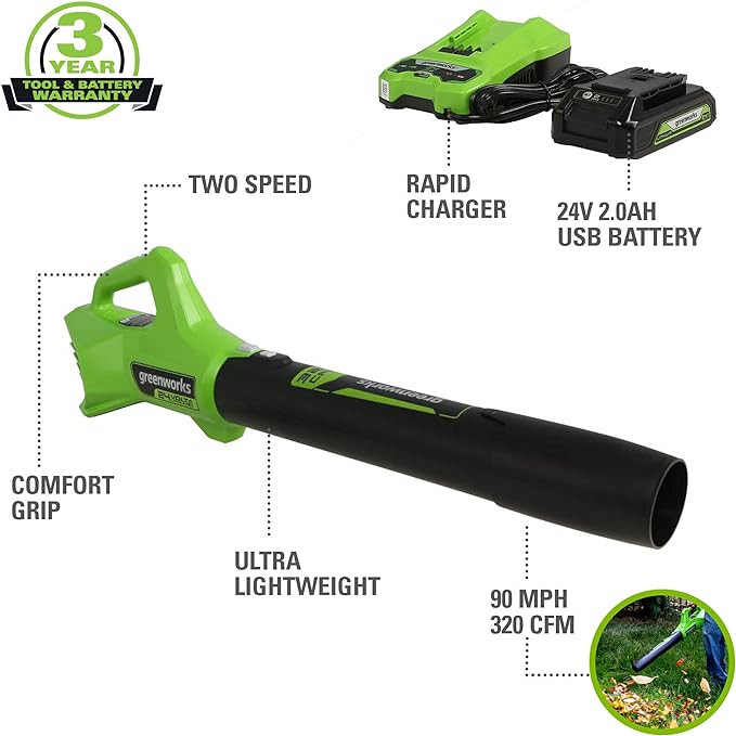 Greenworks 24V (90 MPH / 320 CFM / 125+ Compatible Tools) Cordless Axial Leaf Blower, 2.0Ah Battery and Charger Included - LeafyLoom