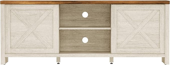 Hillsdale Columbus Wood Entertainment Console, 64 Inch, White Oak with Walnut Top - LeafyLoom