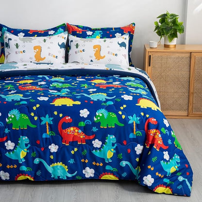 Wajade 7 Piece Kid Boys Dinosaur Comforter Set Full Size 3D Blue Dinosaur Wild Park Jungle Print Bedding Set with Comforter, Sheet Set, Pillowcase and Sham - LeafyLoom