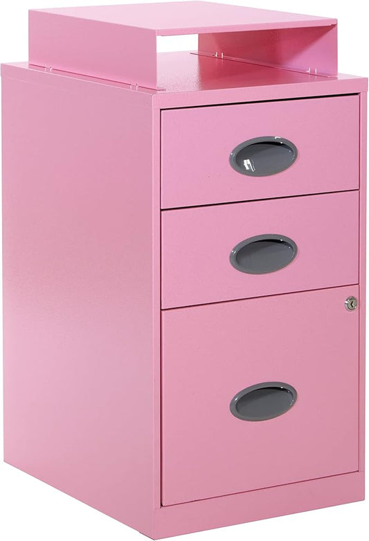 OSP Home Furnishings 3 Drawer Locking Metal File Cabinet with Top Shelf, Pink - LeafyLoom