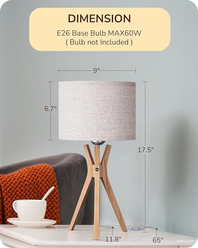 EDISHINE Tripod Table Lamp, 17.5" Modern Bedside Lamp with Natural Wood-colored Lamp Legs & Beige Linen Lampshade, Boho Nightstand Lamp for Bedroom, Living Room, Reading Room, E26 Base - LeafyLoom