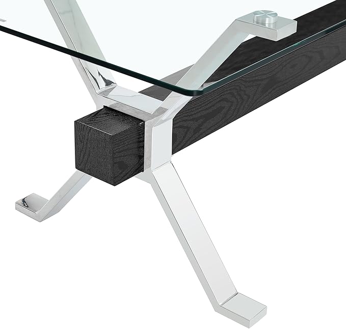 Rectangular Table with Tempered Glass Tabletop,Modern Dinner Desk W/Metal Tubular Legs, Home,Kitchen,Dining Room,Office,Silver, 79" Black Crossbars - LeafyLoom