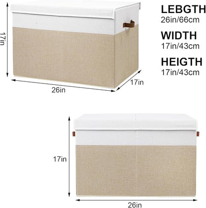 Large Toy Storage Box with Lid, Sturdy Toys Storage Chest Bin Organizer Basket with Dividers for Kids, Boys, Girls, Nursery, Closet, Bedroom, Playroom 26"x17" x17" (Beige and White) - LeafyLoom