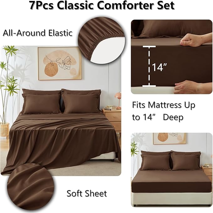 CozyLux Full Comforter Set with Sheets 7 Pieces Bed in a Bag Brown All Season Bedding Sets with Comforter, Pillow Shams, Flat Sheet, Fitted Sheet and Pillowcases - LeafyLoom