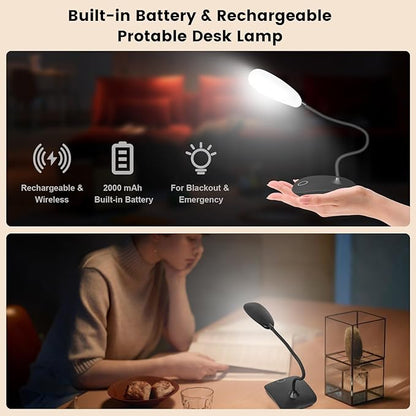 Battery Powered Desk Lamp, Portable Lamps Rechargeable 3 Color Modes Touch Control Stepless Dimming, Wireless Desk Lamp with 2000mAh, Small LED Table Light for Dorm Study Office Bedroom,Black - LeafyLoom