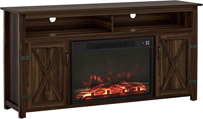 YESHOMY Fireplace TV Stand for Television up to 65+ Inch with Storage and Farmhouse Barn Doors, Entertainment Center with Cabinet and Shelves, Media Console for Living Room, Walnut - LeafyLoom