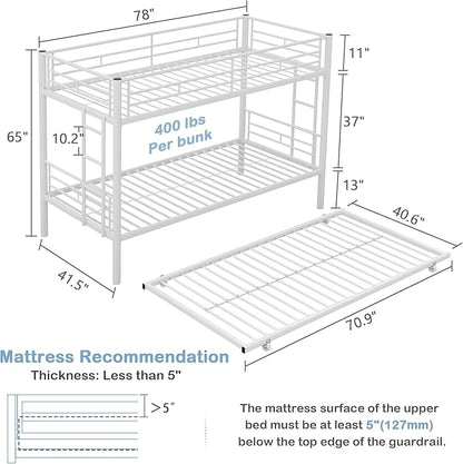 VECELO Twin Over Twin Bunk Bed with Trundle, Metal Bunkbeds with Ladder and Full-Length Guardrail, Noise Free, No Box Spring Needed, Off White - LeafyLoom