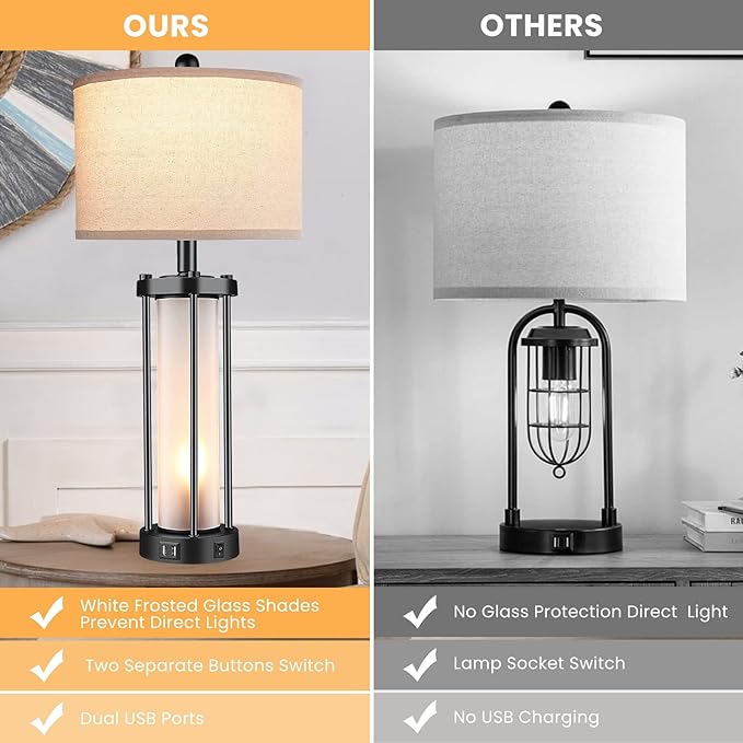 Table Lamps for Living Room Set of 2,26" Tall Bedside Farmhouse Table Lamps with LED Lantern Nightlight,Bedroom Nightstand Lamps with Dual USB Port Beige Fabric Shade (Bulbs Included) - LeafyLoom