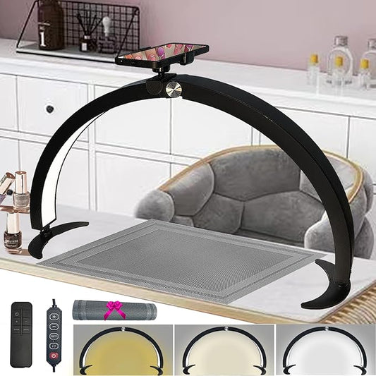 Half Moon Light for Nail Desk with Phone Holder, 29in Half Moon Table Lamp with Wire Controller & Remote, Dimmable Nail Desk Light for Eyelash Extension, Nail Tech, Beauty Care, Tattoos,Crafts - LeafyLoom