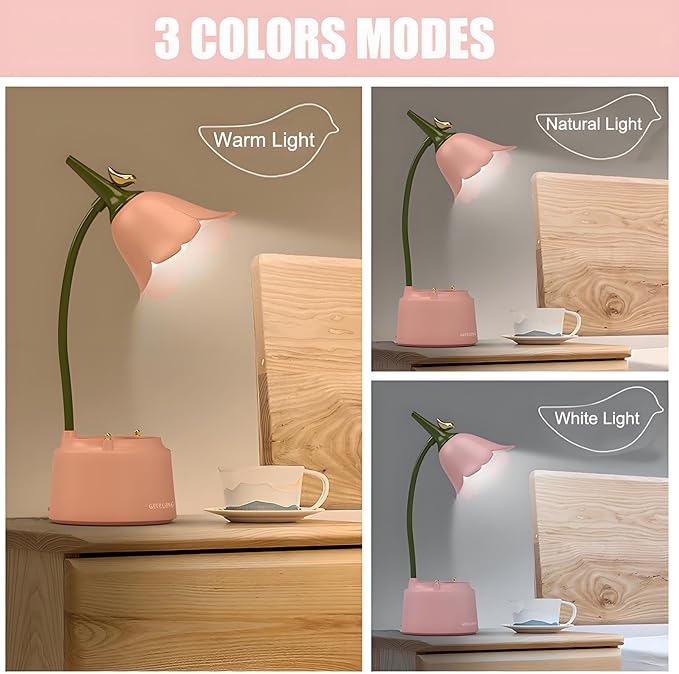 Cute LED Desk Lamp Kawaii Desk Accessories, Flower Bird Table lamp USB Rechargeable, 3 Color Modes, Stepless Dimming, Touch-Sensitive Switch Kawaii Room Decor Lamp, Eye Caring Reading Lamp (Pink) - LeafyLoom