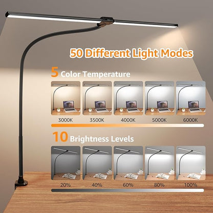 ShineTech Led Desk Lamp for Office Home, Bright Double Head Desk Light with Clamp, Architect Task Lamp 50 Lighting Modes Adjustable Flexible Gooseneck - LeafyLoom