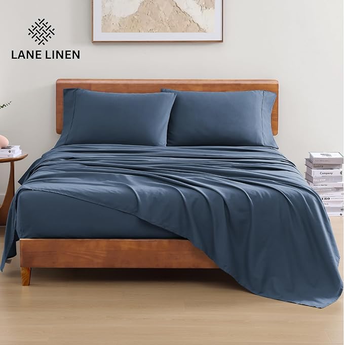 LANE LINEN 100% Organic Cotton Twin XL Sheets Set 3-Piece Pure Percale Extra Long Soft Bedding Breathable Fits Mattress Upto 15" Deep - Navy - LeafyLoom