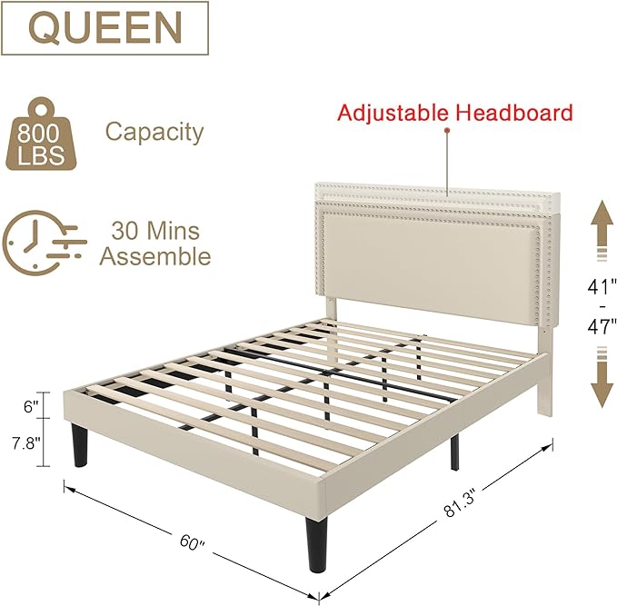 VECELO Queen Size Platform Bed Frame with Height Adjustable Upholstered Headboard, Modern Mattress Foundation,Strong Wood Slat Support, No Box Spring Needed, Easy Assembly - LeafyLoom