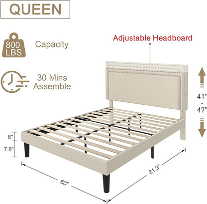 VECELO Queen Size Platform Bed Frame with Height Adjustable Upholstered Headboard, Modern Mattress Foundation,Strong Wood Slat Support, No Box Spring Needed, Easy Assembly - LeafyLoom