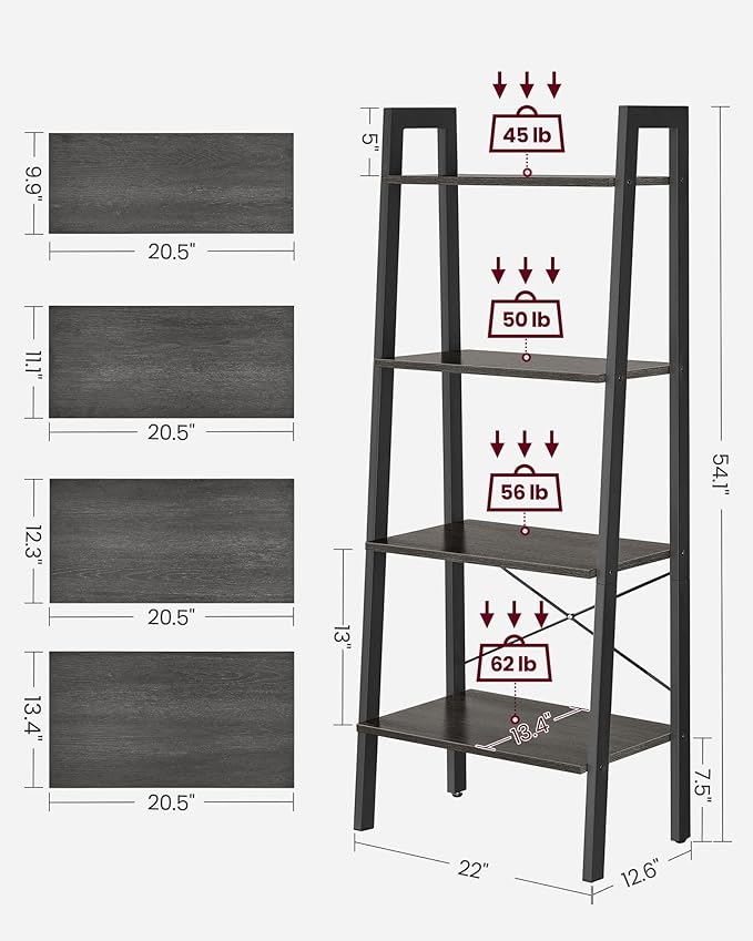 VASAGLE Ladder Shelf, 4-Tier Bookshelf, Storage Rack, Bookcase with Steel Frame, for Living Room, Home Office, Kitchen, Bedroom, Industrial Style, Charcoal Gray and Black ULLS044B04 - LeafyLoom