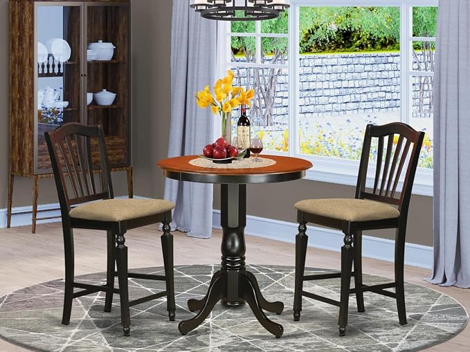 East West Furniture EDCH3-BLK-C Eden 3 Piece Counter Height Set Contains a Round Kitchen Table with Pedestal and 2 Linen Fabric Upholstered Dining Chairs, 30x30 Inch, Black & Cherry - LeafyLoom