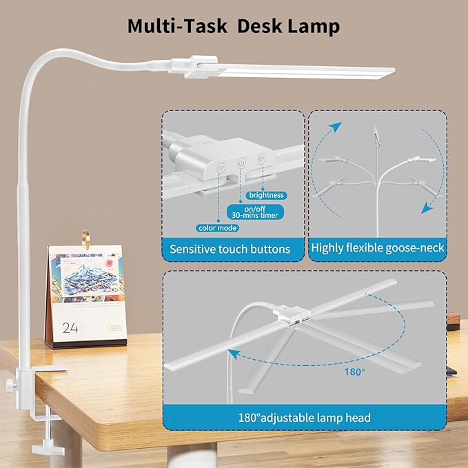 KableRika Desk lamp,Double Head LED Desk Lamp with Clamp,Architect Desk Lights for Home Office,Eye-Caring Desktop Office Lamp 4-Brightness 4-Color Table Lamp for Monitor Workbench Reading White - LeafyLoom