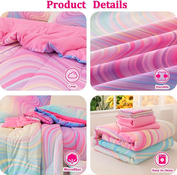 Girls Full Bedding Sets, 6 Pcs Pink Full Szie Comforter Set with Sheets, Tie Dye Superior Blue Pink Rainbow Bedding Set for Girls Kids - LeafyLoom