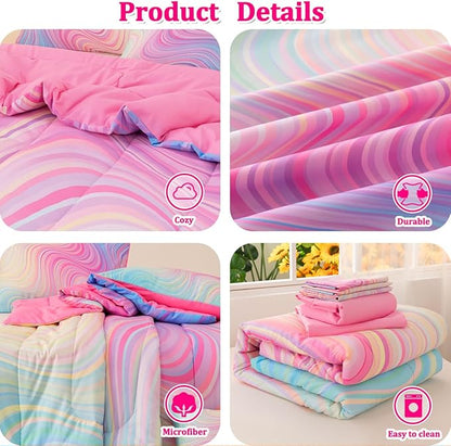 Girls Full Bedding Sets, 6 Pcs Pink Full Szie Comforter Set with Sheets, Tie Dye Superior Blue Pink Rainbow Bedding Set for Girls Kids - LeafyLoom