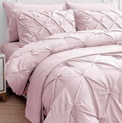 LANE LINEN Pink Comforter Set Queen Size with Sheets, Pillowcases & Shams, Pintuck Bedding Queen Size, Soft Queen Size Bed in a Bag Set, Pinch Pleated Queen Bed Comforter Set, Queen Bed Set for Girls - LeafyLoom