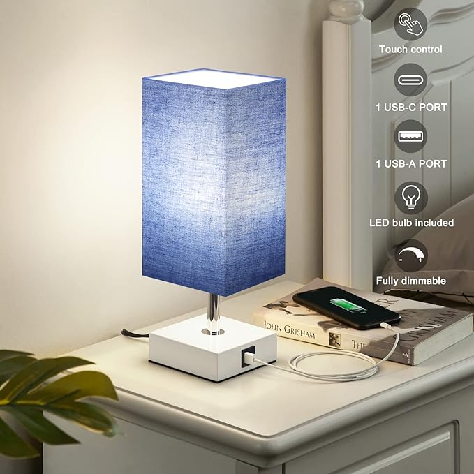 Ambimall Blue Table Lamp with USB Ports - 3 Way Touch Lamps Beside Desk, Nightstand Lamp for Bedrooms Living Room, Blue Shade with White Base, LED Bulb Included(Blue) - LeafyLoom