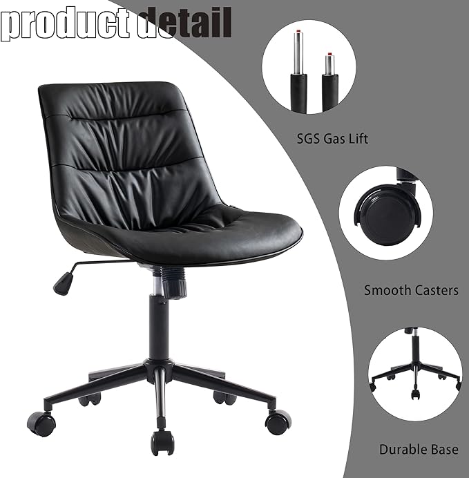 Kidol & Shellder Armless Office Chair Desk Chair Comfy Makeup Vanity Chair with Back Ergonomic Swivel Chair Home Office Desk Chairs with Wheels Rolling Computer Chair Bedroom Accent Chair(Black) - LeafyLoom