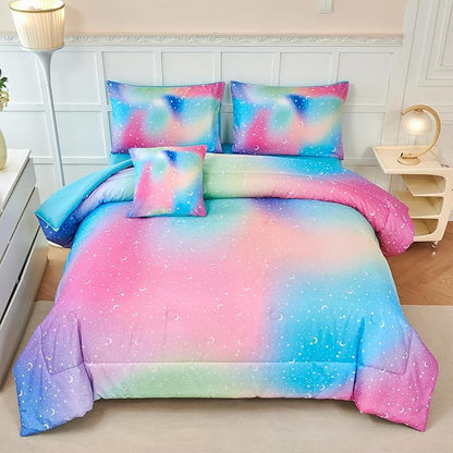 URBONUR Girls Full Bedding Set 6 Pieces Rainbow Comforter Set Full Size Multicolor Stars Printed Bed in a Bag, Soft & Fluffy Kids Bed Sets - LeafyLoom