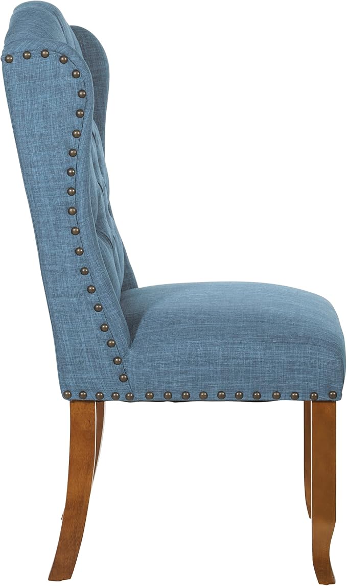 OSP Home Furnishings Jessica Button Tufted Wingback Upholstered Dining Chair with Wood Legs, Navy Blue Fabric - LeafyLoom