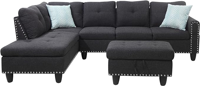 Sectional Sofa Set with Storage Ottoman, L Shape Linen Upholstered Modular Couch & Chaise Lounge, Flip-up Armrest Cup Holder, Furniture for Living Room Home Office, Gray, 98inch, Grey-3 - LeafyLoom