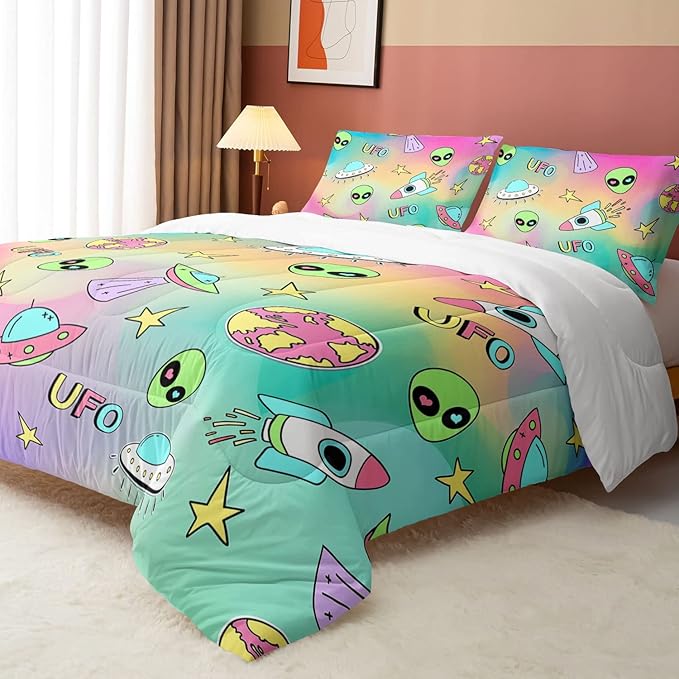 Datura home Space Alien Children Bedding Comforter Set for Girls Kids,Colorful Cartoon Outer Space Planet UFO Lovely Alien Theme Bedding Set with 1 Comforter and 2 Pillowcases(Alien3 Queen) - LeafyLoom