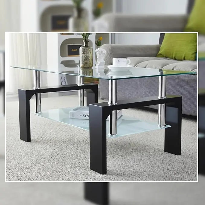 Coffee Table - Rectangle Glass Coffee Table with Simple and Classical Inspired Design, Easy Assembly for Modern Living, 39.5 * 23.5 * 17.5 inches (Black) - LeafyLoom