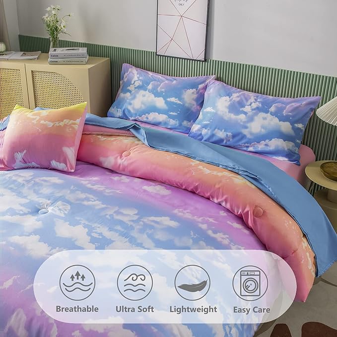 PERFEMET White Cloud Print Girls Comforter Set Queen Size 6 Pieces Teen Girl Tie Dye Bedding Set Colorful Rainbow Bed in A Bag Comforter Set with Sheets - LeafyLoom