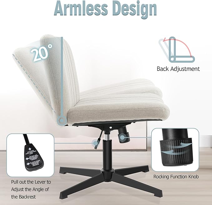 Armless Office Chair no Wheels, Ergonomic Wide Seat Swivel Desk Chair, Height Adjustable Cross Legged Comfortable Computer Chair for Living Room, Vanity Accent Chair Beige - LeafyLoom