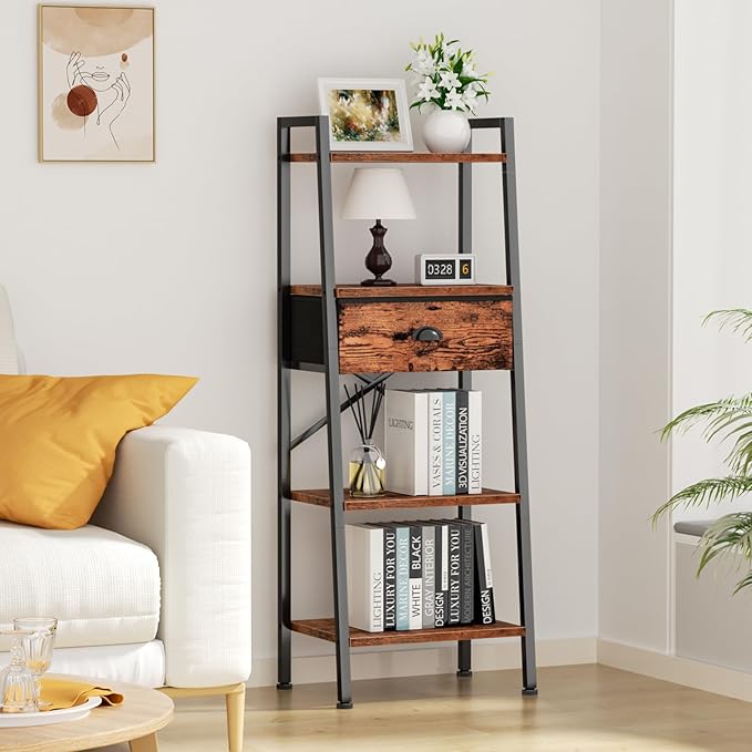 Furologee 4 Tier Ladder Shelf, Narrow Ladder Book Shelf with Drawer, Modern Bookcase Freestanding Shelf Units, Storage Shelves Organizer for Bedroom, Living Room, Bathroom, Home Office, Rustic Brown - LeafyLoom