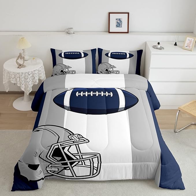 Feelyou Kids Football Comforter Set Queen Size Rugby Sports Bedding Set for Boys Teens Decor Soccer Ball Game Comforter American Football Grey Blue Duvet Set Quilt 3Pcs Boys - LeafyLoom