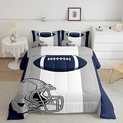 Feelyou Kids Football Comforter Set Full Size Rugby Sports Bedding Set for Boys Teens Decor Soccer Ball Game Comforter American Football Grey Blue Duvet Set Quilt 3Pcs Boys - LeafyLoom