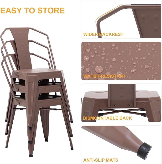 Modern Dining Chair Set of 4, Stackable Metal Chairs, Waterproof Counter Bar Chairs with High Backrest, Quick Assembly Cafe Chairs, Tolix Style for Home, Kitchen and Bar Use, Brown - LeafyLoom