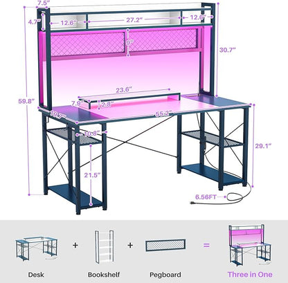 armocity 2024 Upgrade Gaming Desk with Hutch, 55.2'' Magic Computer Desk with LED Lights and Outlets, Reversible Workstation Desk with Pegboard and Monitor Stand, Gamer Desk PC Table, White and Blue - LeafyLoom