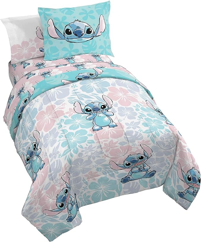 Jay Franco Disney Lilo & Stitch Twin Comforter Set - 5 Piece Bedding includes Sheet Set & Pillow Covers - Super Soft Kids Floral Bedding - LeafyLoom